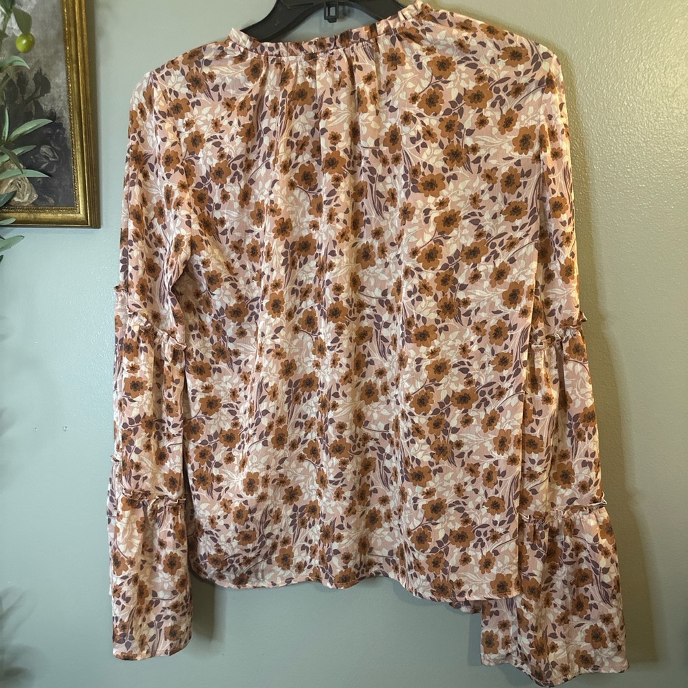 Lovestitch Boho Floral Peasant Top M Pink Brown Ruffle Bell Sleeve Cottagecore - Picture 6 of 7